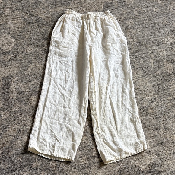 FLAX women’s petite Loose Linen-Blend Wide Leg Pants in Off-White elastic waist